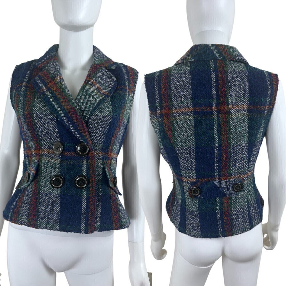 Cabi Size S Wool Plaid Double Breasted Sleeveless Vest Sweater Holiday Party